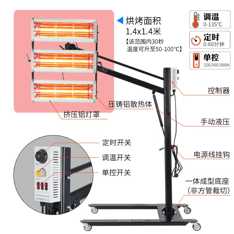WD欧林汽车喷漆烤灯移动式烘干灯7200W全车身烤灯+加重底座怎么样,好用不?