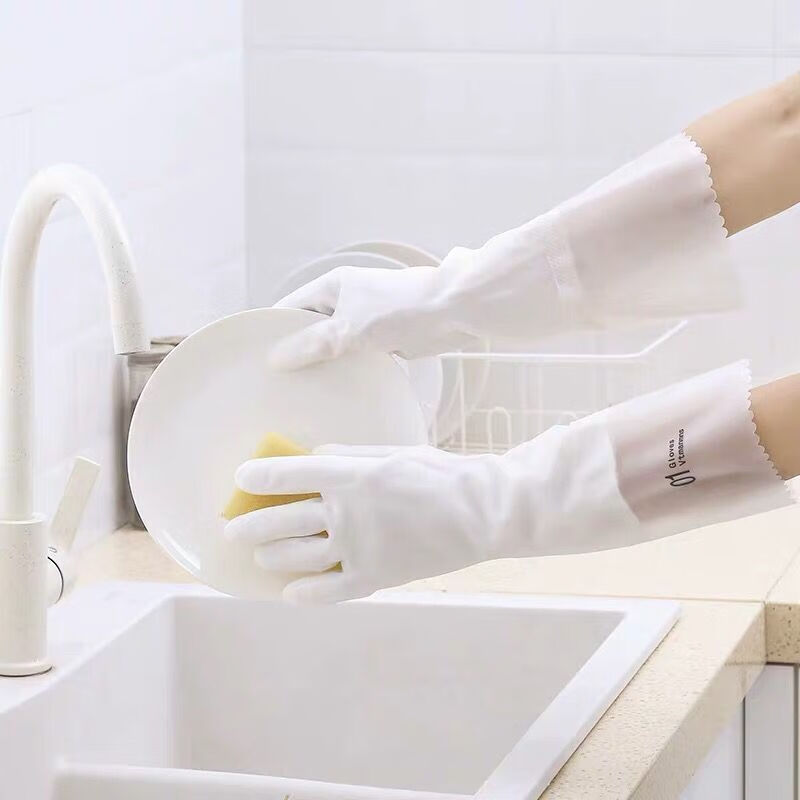 洗碗手套女防水橡胶薄款厨房耐用洗衣衣服胶皮塑胶家务刷碗神器 大号(L) 纯洁白【1双】