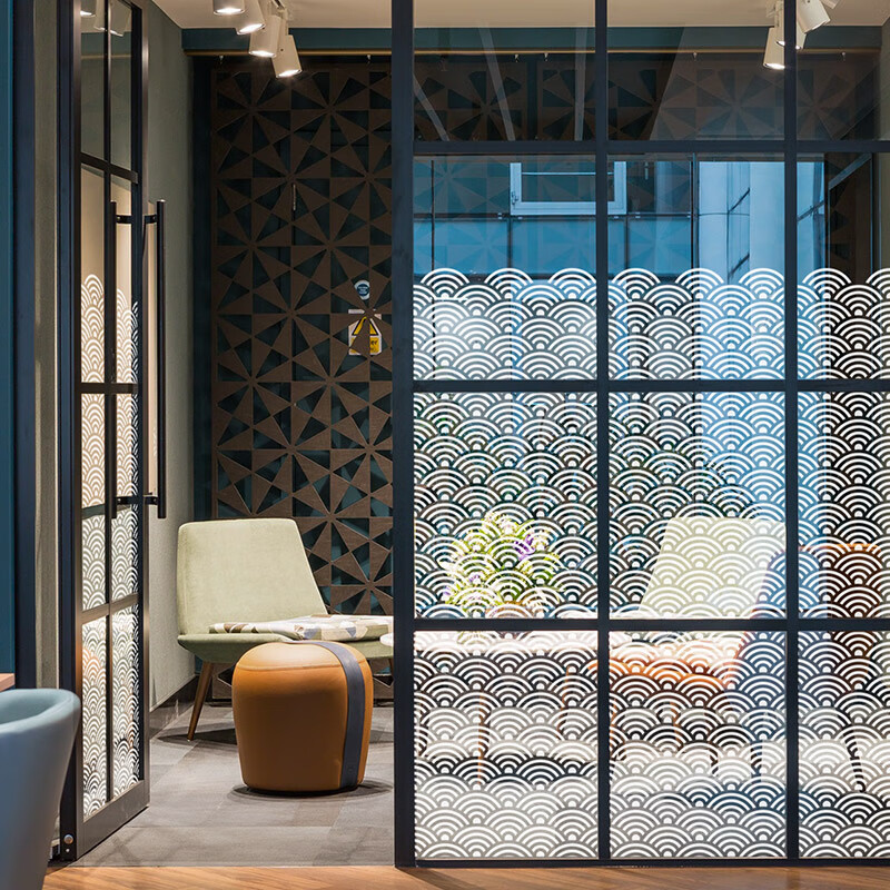 mioc美果果办公室新中式纹理静电磨砂玻璃门装饰玻璃贴纸黑白色透明