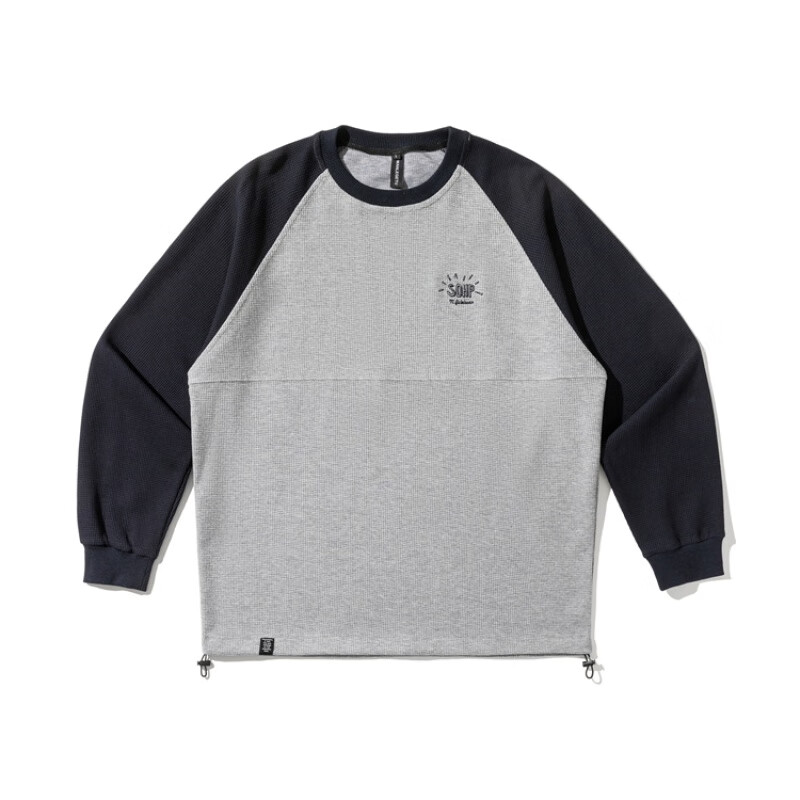 型曼日系潮流撞色拼接华夫格圆领卫衣男宽松百搭休闲长袖上衣服 灰色