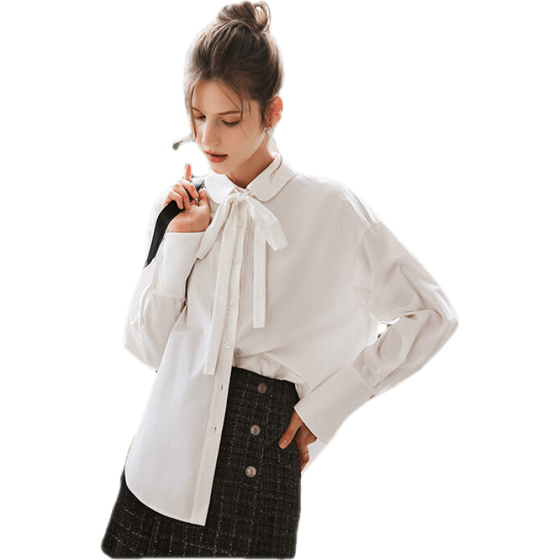 Olrain法式白色長袖襯衫女秋秋寬松顯瘦綁帶設(shè)計感襯衣 米白色 S