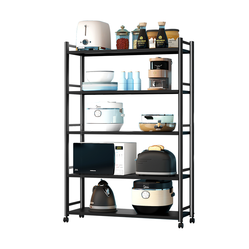 溢彩年华 不锈钢厨房置物架 落地可移动收纳架层架加粗加厚微波炉架锅架7278-BK（五层-无抽屉款）