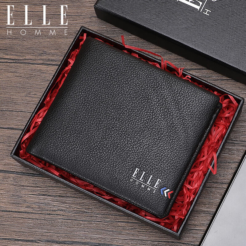 elle homme男士短款钱包 头层牛皮多功能票夹 时尚横款两折钱夹15120