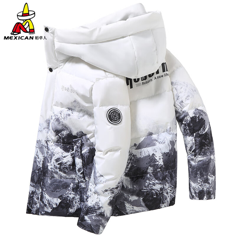  稻草人（MEXICAN）羽绒服男潮流冬季韩版连帽男士羽绒服百搭帅气保暖白鸭绒外套男装SBYH-8833 白色 L 
