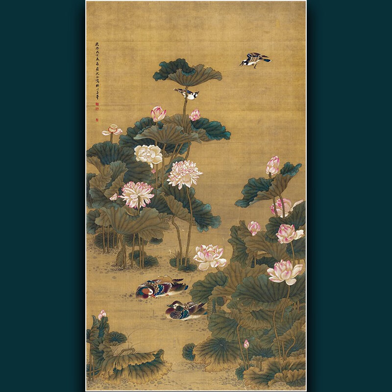 仿古花鸟画 清代沈铨荷塘鸳鸯图 真迹复制画心未装裱古画荷花大幅