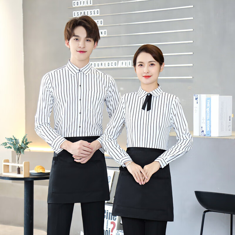 吴衣斯餐饮服务员长袖条纹衬衣工作服茶楼面包火锅店奶茶咖啡厅衬 男