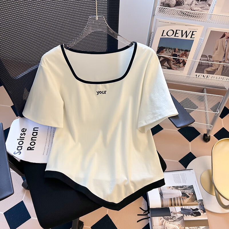 穿的衣服大码春夏装显瘦正肩小衫方领短袖上衣女 白色 l 100-120斤
