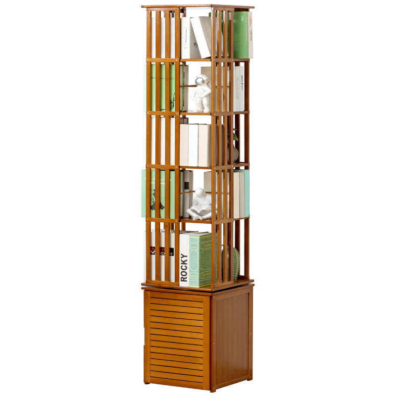 木马人 落地360可旋转多层书架家用简易学生收纳架楠竹组合书柜层架置物架现代储物展示架书房图书架 【百叶门设计】条形款-茶色六层(360度旋转)