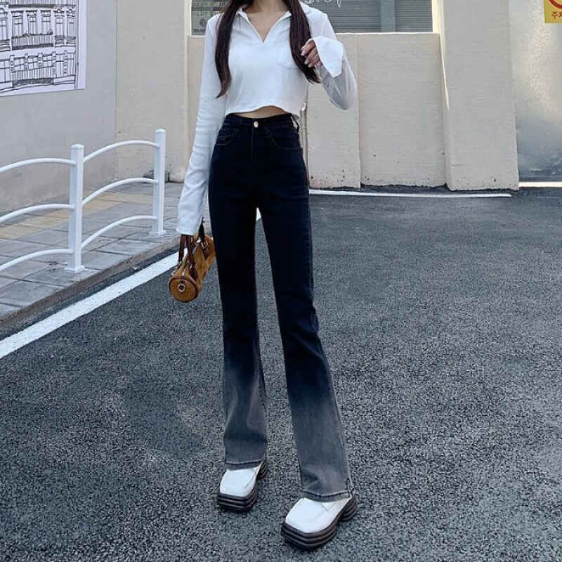 嘉钰潮库小个子腿粗微喇叭裤微胖牛仔裤女矮个子显瘦渐变色韩版女春夏
