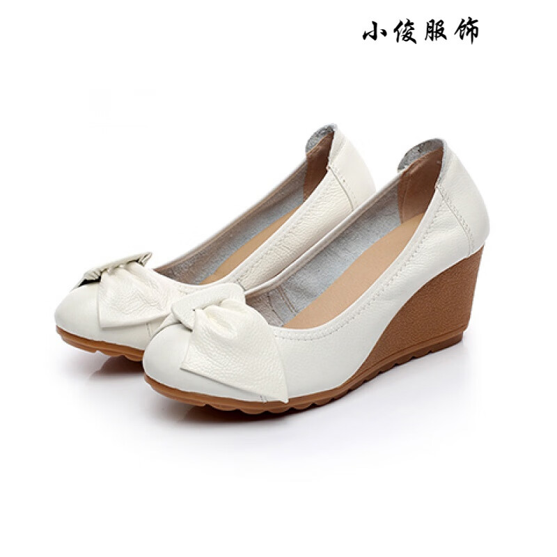 坡跟单鞋女真皮软底工作鞋女士高跟鞋皮鞋上班鞋春秋款浅口妈妈鞋 a08