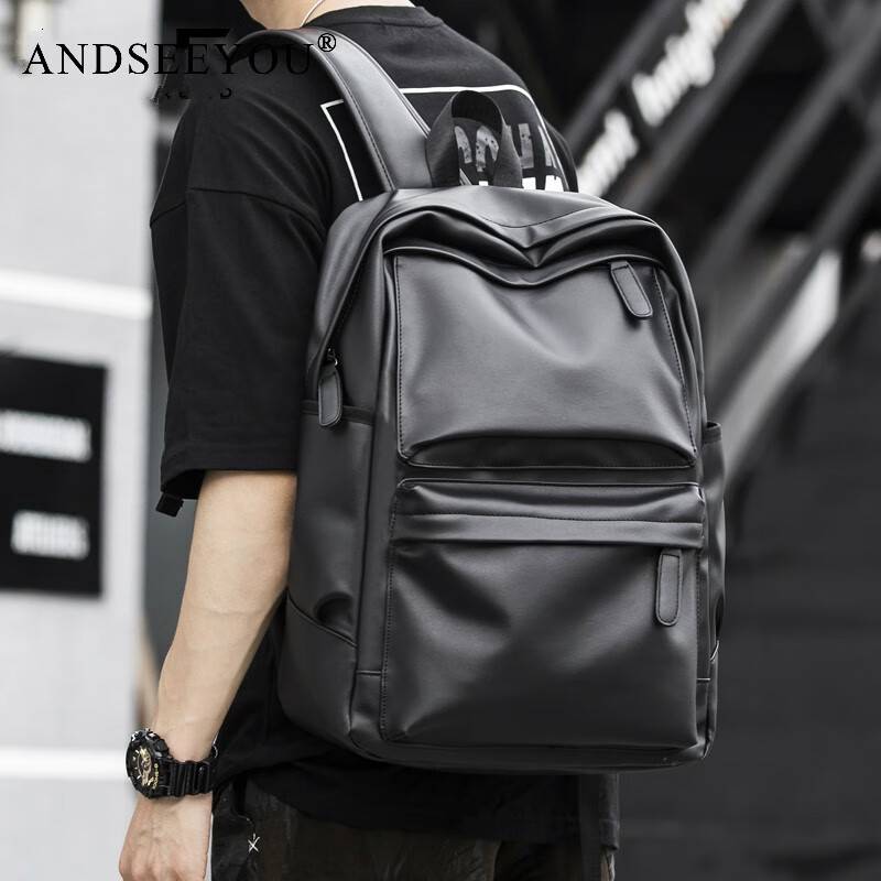 ANDSEEYOU皮質(zhì)時尚男士雙肩包潮流男背包大容量旅行電腦背包簡約中學(xué)生書包 黑色