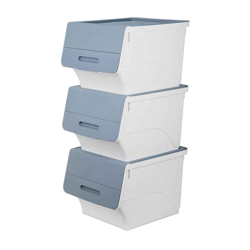 茶花（CHAHUA）收纳箱塑料收纳盒儿童玩具整理箱储物箱斜口前开叠加侧开收纳柜 【浅灰黄】34升*3个装（45.5*38*31）