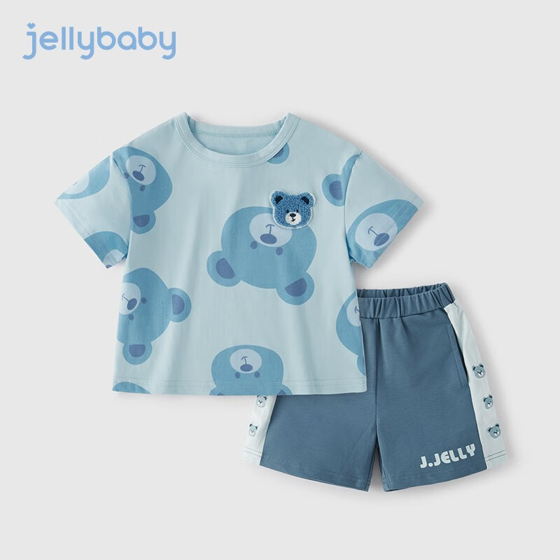 JELLYBABY儿童夏装小熊两件套夏款男孩衣服夏季潮男童短袖套装 蓝色 100cm