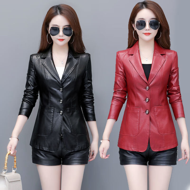 健卡丹女装秋冬季皮衣外套女短款新品韩版修身显瘦皮西服大码西装领加