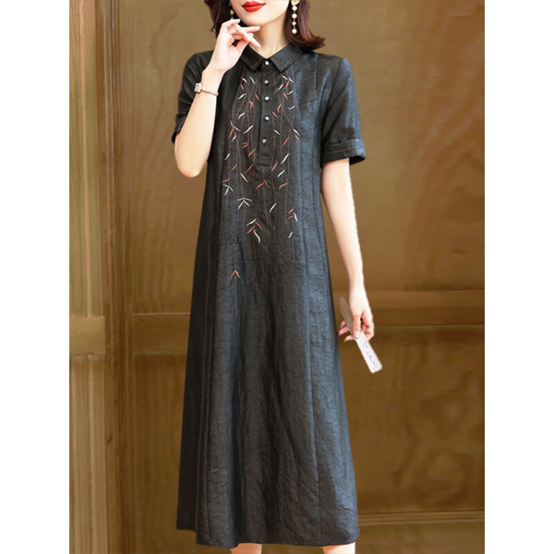 【桑蚕丝】真丝连衣裙女印花中老年妈妈香云纱50岁胖妈妈夏装长裙