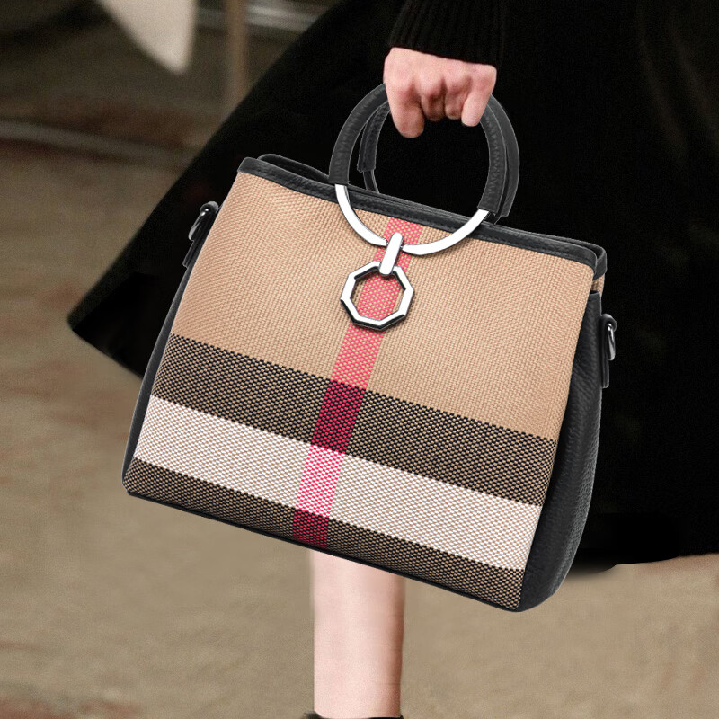 图丁(tending)高档格子包包2024新款牛皮水桶包女士手提包百搭高级感