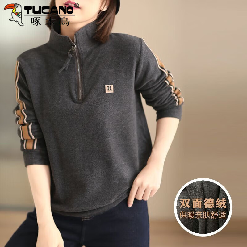 啄木鸟【双面德绒】加厚宽松卫衣女2024秋冬新款立领拉链上衣休闲外套