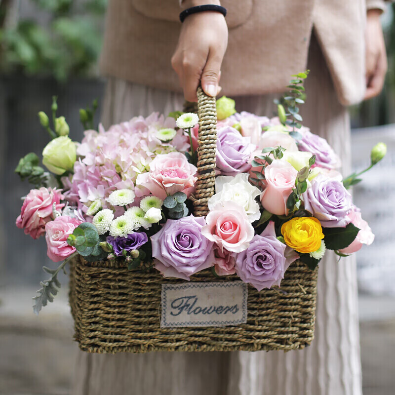 玫瑰绣球混搭手提花篮生日礼物长辈全国送花上门 19朵粉佳人混搭1支