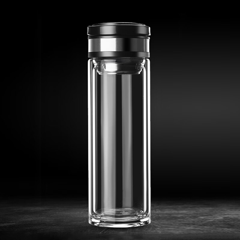 大容量玻璃杯双层茶杯男士商务水杯带提手便携泡茶杯车载耐热 哑黑色