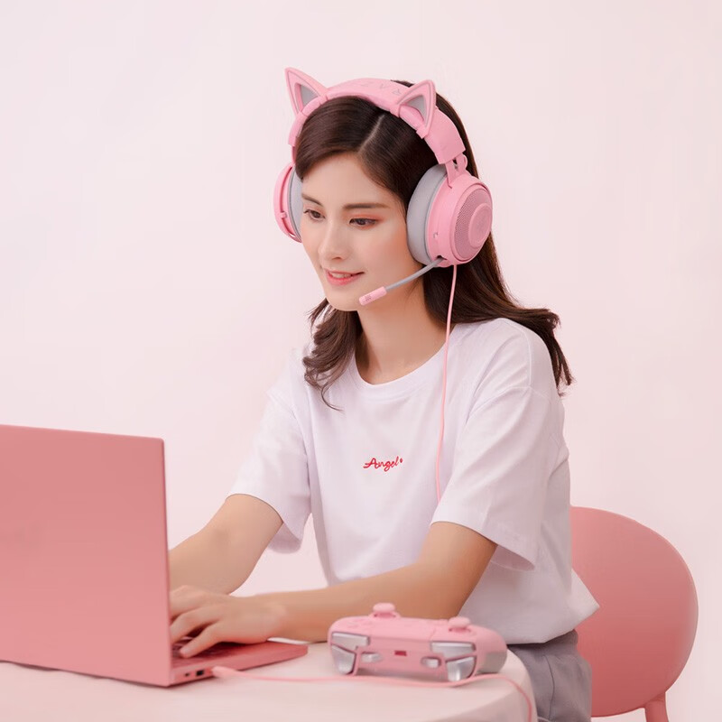 雷蛇（Razer）北海巨妖粉晶版  清凉凝胶耳罩 游戏耳机 女生电竞耳机 粉色耳机