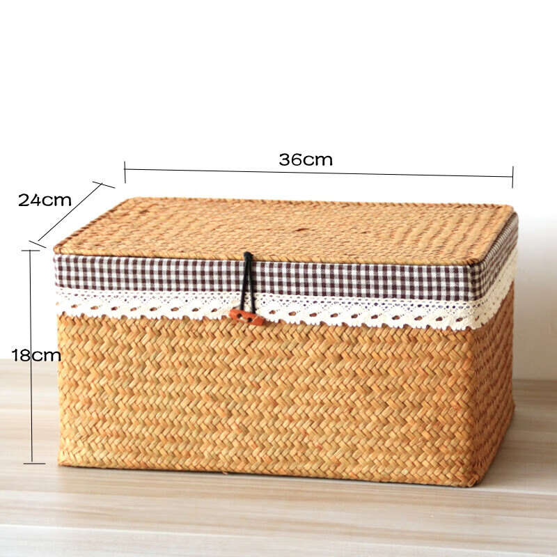 溥畔 海草编织带盖竹编收纳篮零食框置物篮藤编布艺长方形收纳盒收纳
