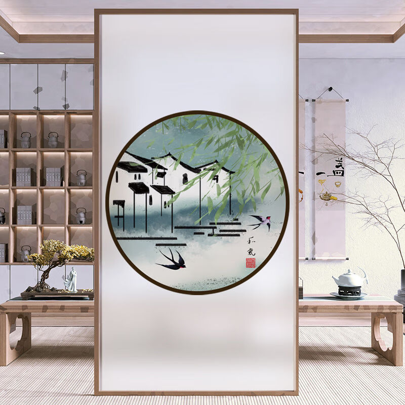 玻璃贴纸新中式阳台客厅办公室古典移门窗户静电磨砂贴膜 忆江南01 宽