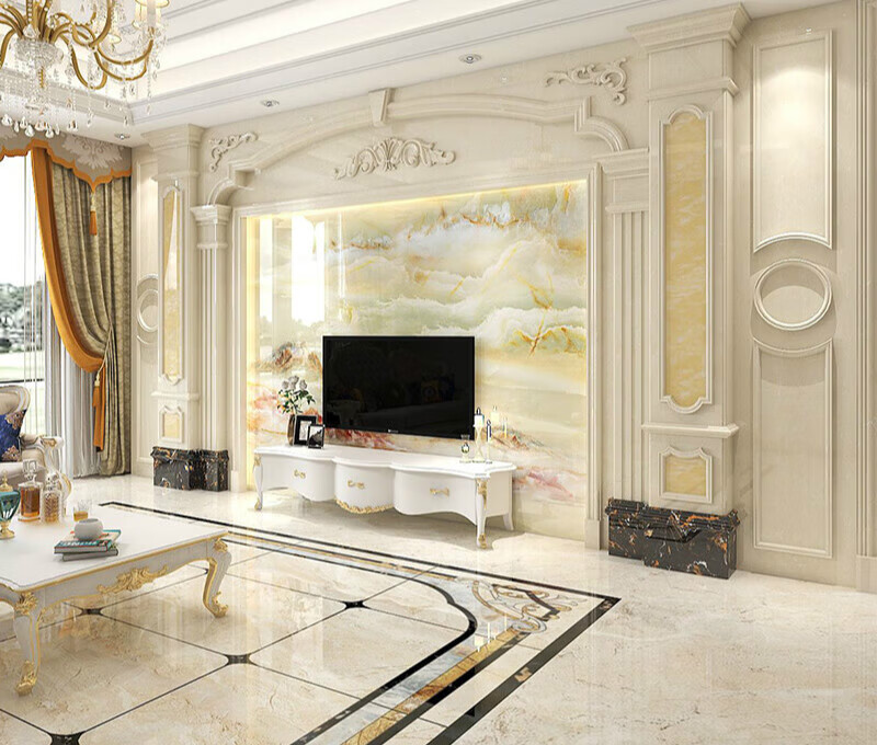 岩板电视背景墙客厅欧式全屋石材影视墙复式别墅罗马柱大理石造型