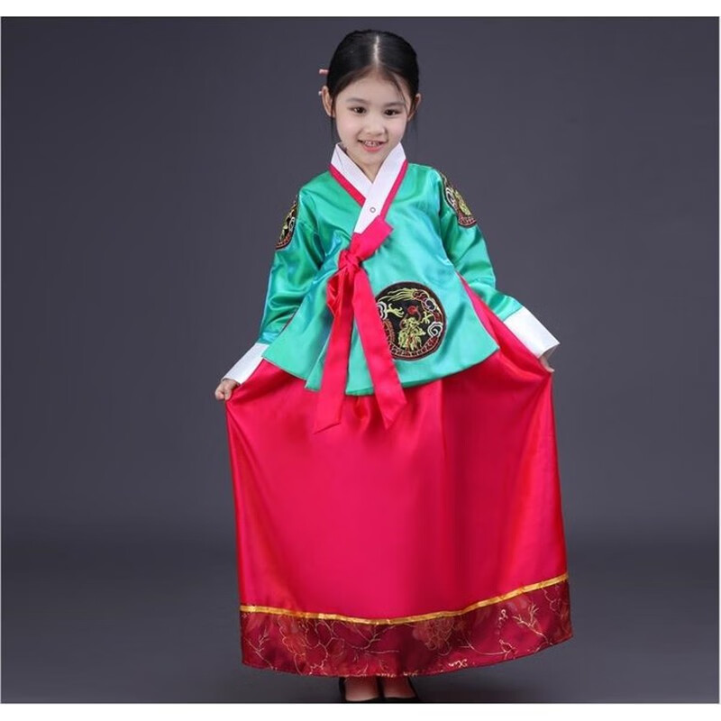 儿童韩服男女童舞蹈表演出传统朝鲜族服装幼儿民族服改良韩服 上绿红