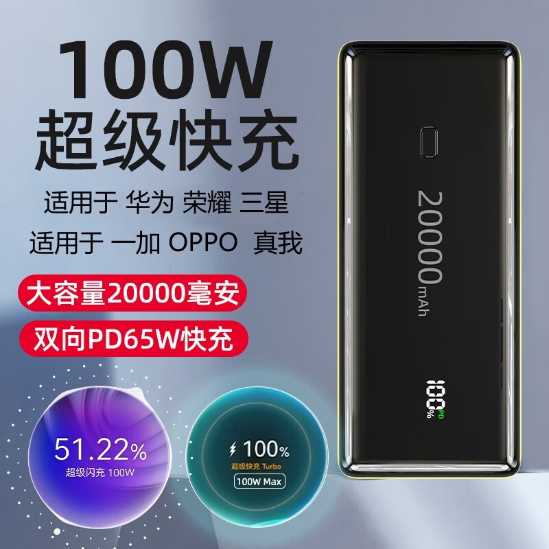 隐达擎超级闪充充电宝80W120适用VIVO IQOO10 OPPO一加华为荣耀100W三星45W 80W100W适用 OPPO一加真我+闪充线 20000毫安