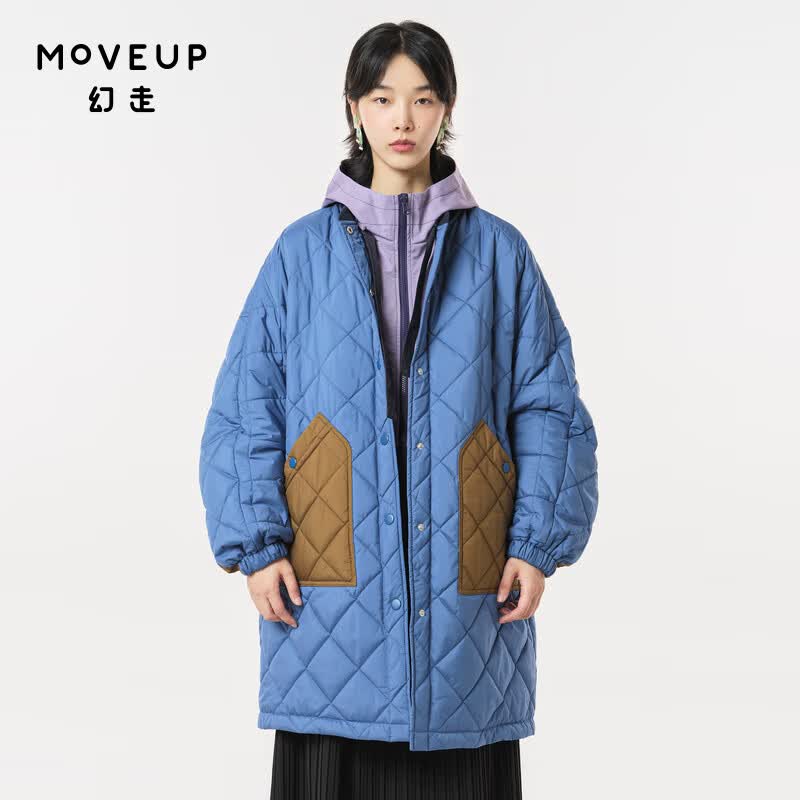 幻走（MOVEUP）2023冬季新款.FUN系列罗纹撞色拼接设计师长款棉外套女 湖蓝 S怎么样,好用不?