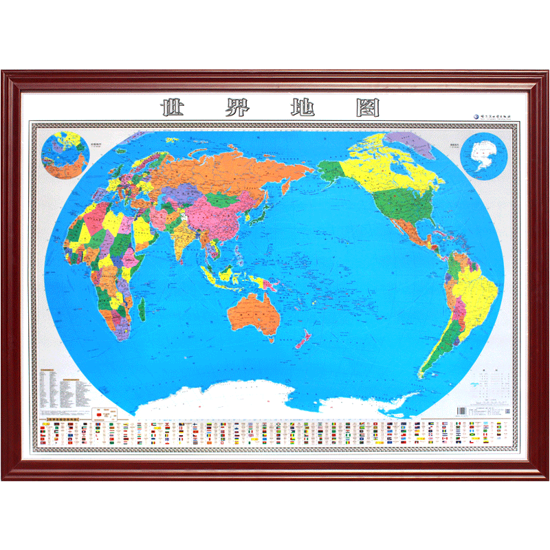 【定制边框】2022年 中国地图 世界地图 红棕色木框装裱 办公室带框挂图 约1.5米*1.1米 世界地图