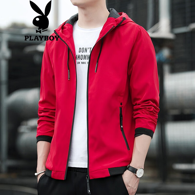 公子(playboy)夹克男外套春秋款时尚休闲茄克衫连帽上衣百搭男装 红色