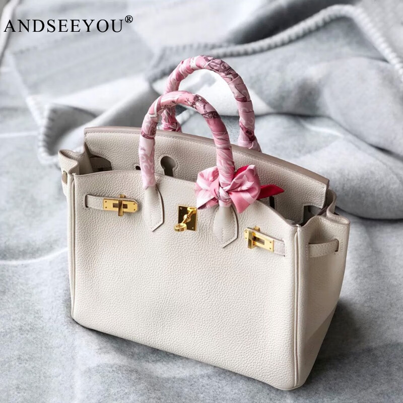 ANDSEEYOU2025新款頭層牛皮荔枝紋鉑金包真皮女包手提包單肩包斜挎包凱莉包 奶昔白30CM 頭層牛皮