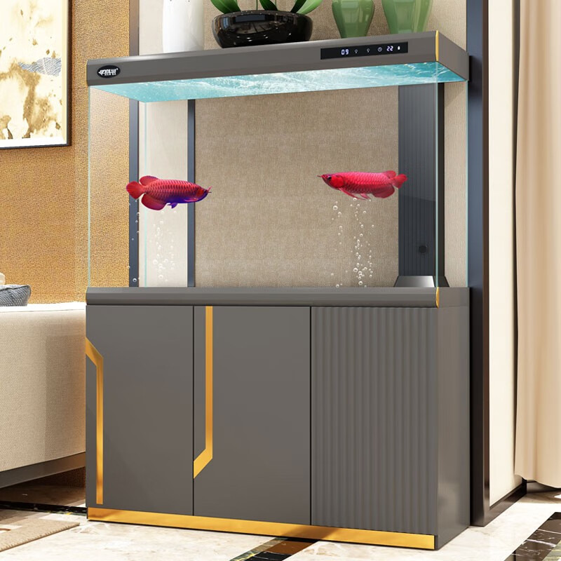 汉霸超白玻璃鱼缸客厅家用大型屏风生态底滤智能龙鱼缸水族箱 砾石灰 靠墙1.5米长x52cm宽x157cm高
