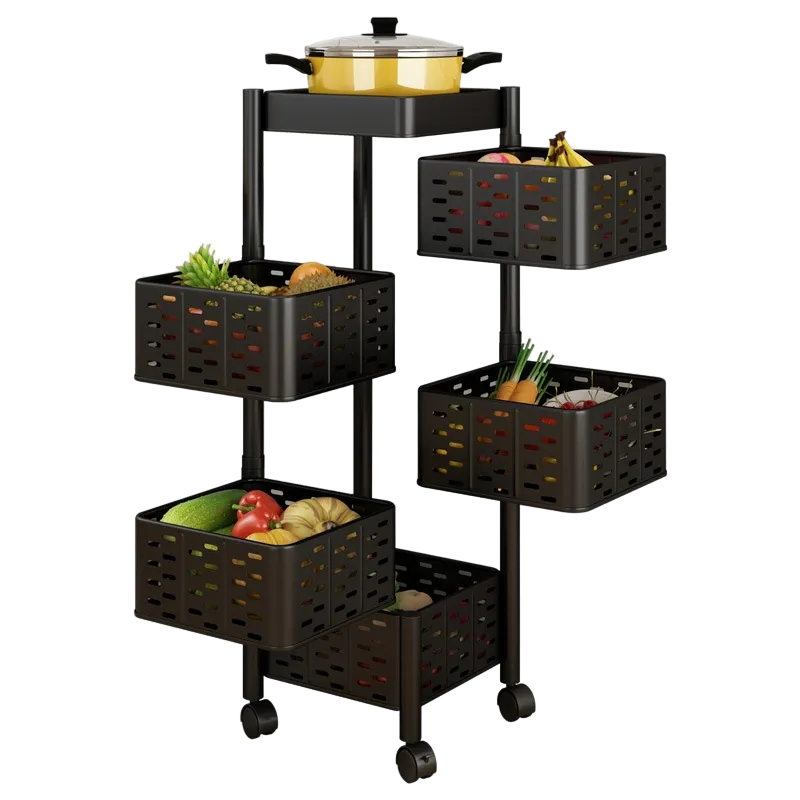 厨房置物架落地旋转多层免安装多功能方形蔬菜收纳筐水果储物架收纳篮子加固钢管可移动小推车 白色四层【免安装旋转可移动】