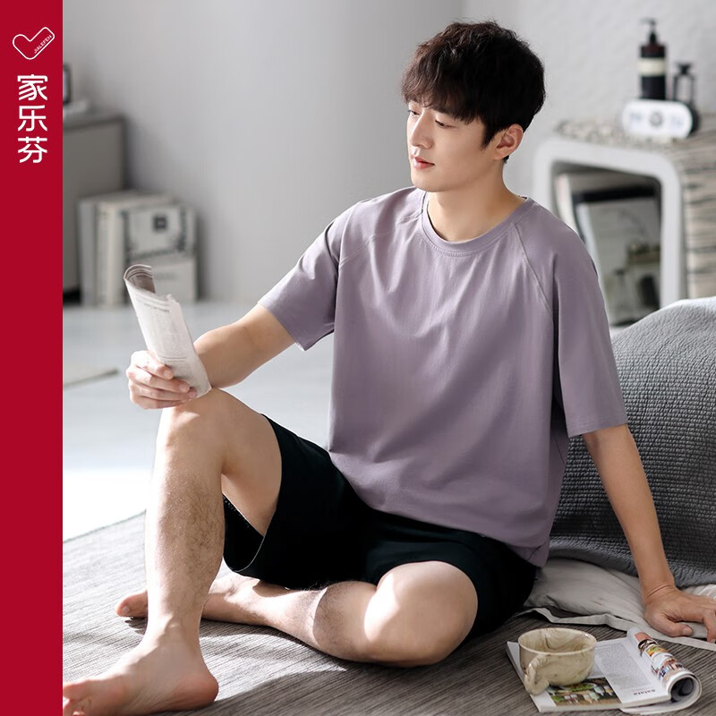 家乐芬（JIALEFEN）家乐芬睡衣男士夏季纯棉短袖短裤家居服男式男款夏天夏款大码套装 A924607灰紫 2XL （180） 建议体重160斤-180斤