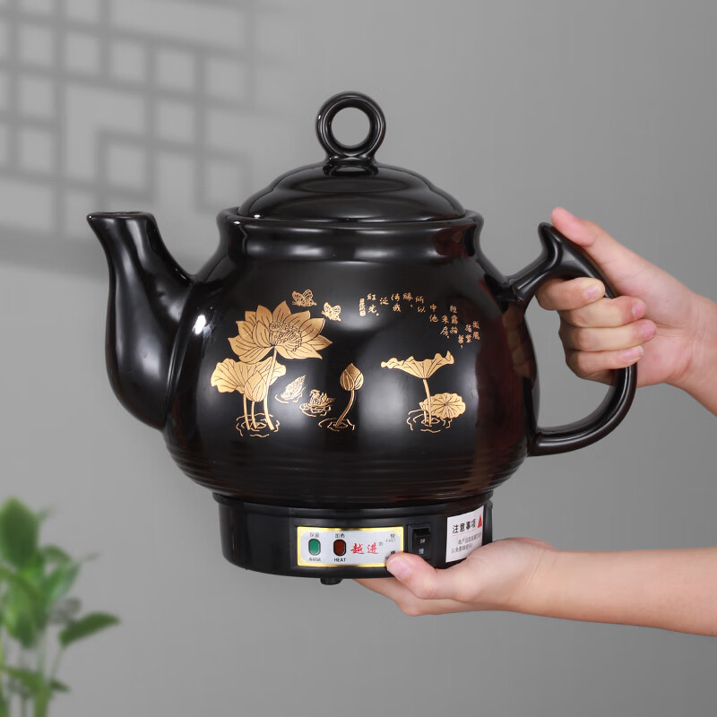 越进中药锅煎药壶全自动家用电砂锅煎药壶全自动中药壶家用熬中药砂锅中医熬药罐插电陶瓷中药煲养生壶 D8L普通自动/黑瓷不粘+鸣音（黑荷花） 6L