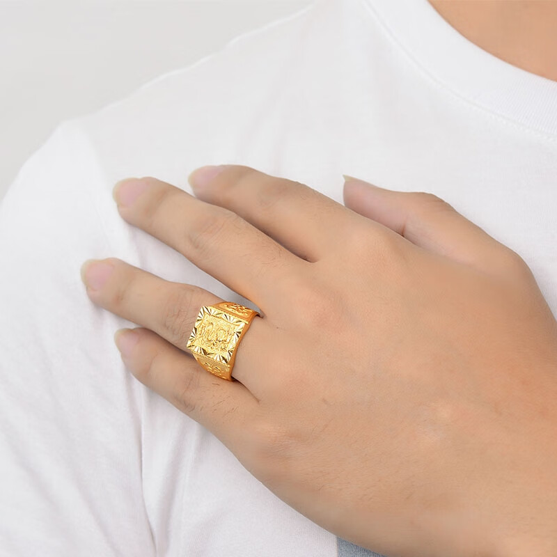 9999足金戒指男 霸气翔龙黄金戒指 宽面方形龙头戒指 大克数大金戒指