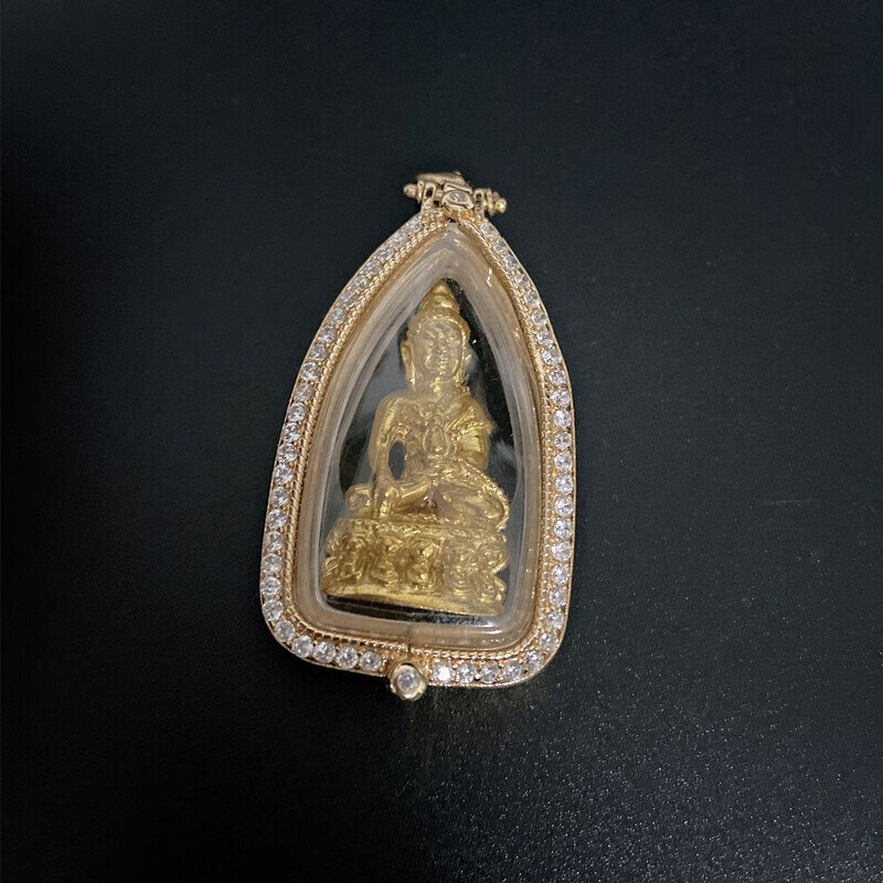 皇本泰国佛牌龙婆卡贤项链  包壳镶钻金色 药师佛吊坠