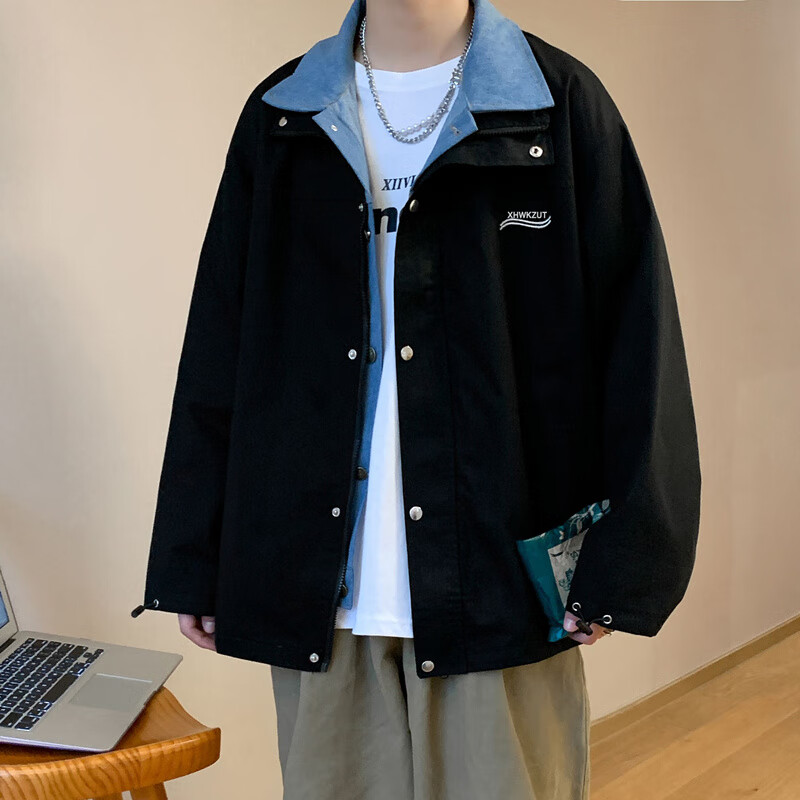 林中寻noonoz外套oversize牛仔拼接假两件男潮流秋宽松港风痞帅夹克