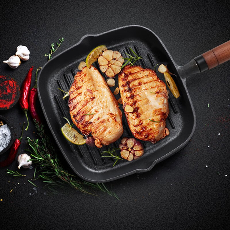 餐将军 牛排锅无涂层铸铁平底锅煎盘条纹牛扒盘煎牛排专用不粘煎蛋锅 木柄牛排锅【23cm】