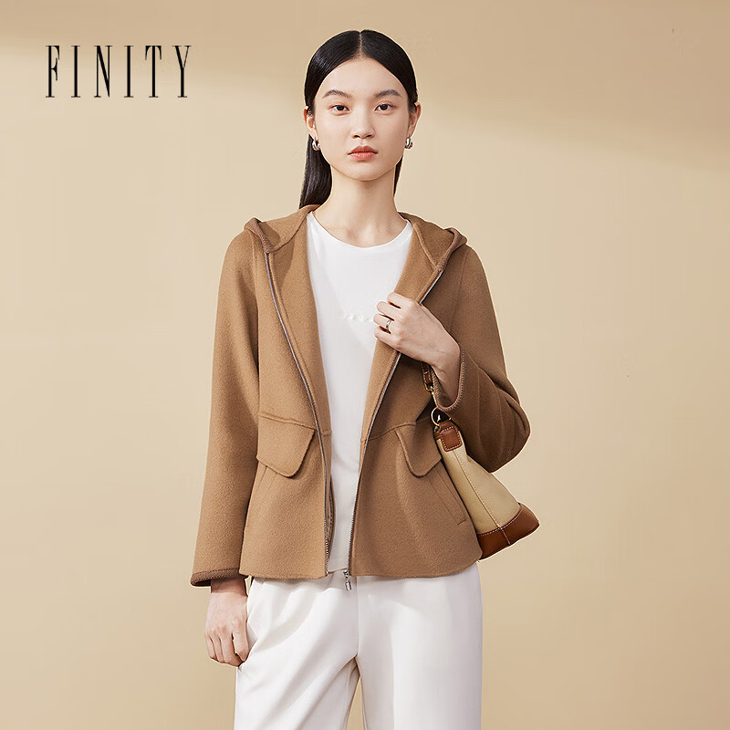 菲妮迪（FINITY）【绒感羊绒】FINITY菲妮迪毛呢外套冬季新款连帽双面呢大衣女 驼色 S
