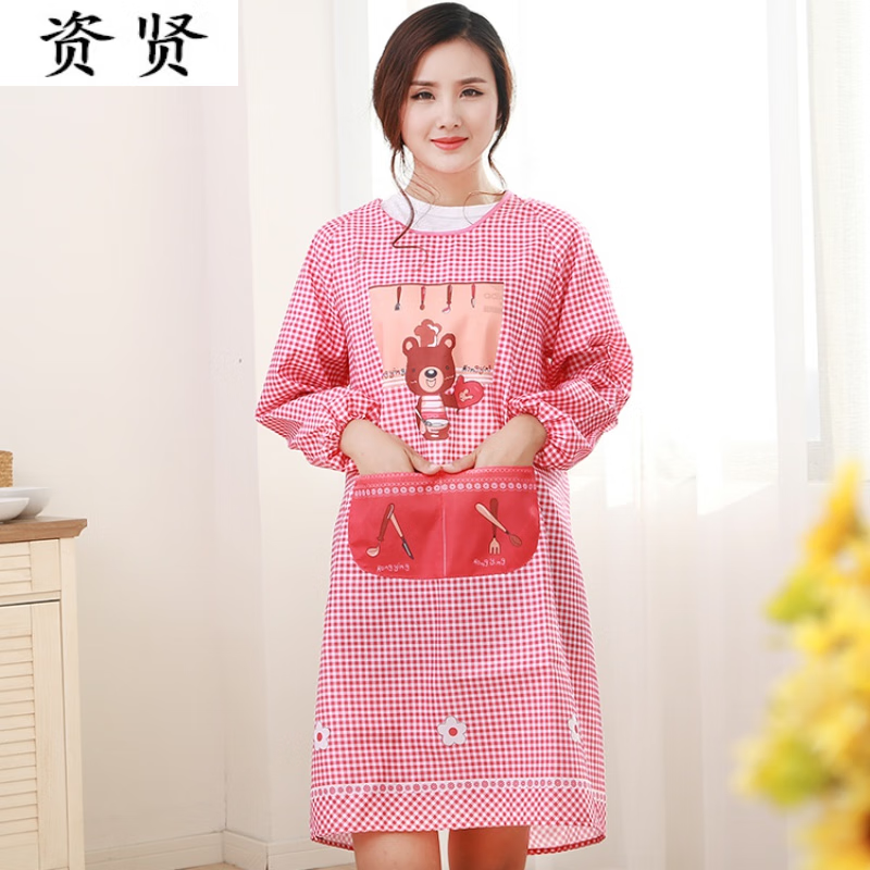 围裙长袖厨房简约套装反穿衣工作服可爱女士围腰罩衣 餐具熊罩衣大红