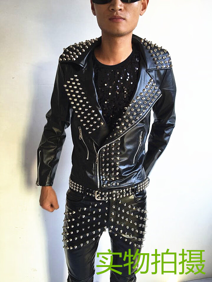 琦栗适用哈雷机车皮衣时尚摇滚夜店dj歌手舞台演出服朋克铆钉夹克男