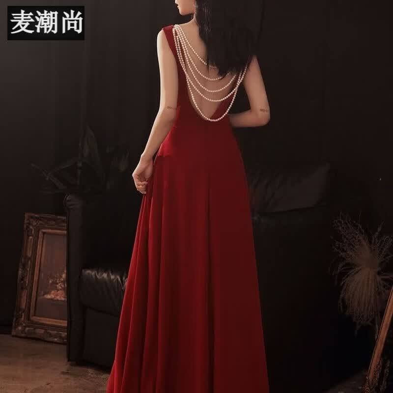 麦潮尚红色晚礼服女2023新款质感露背长款气质结婚新娘敬酒服裙宴会 酒红色 M使用感如何?