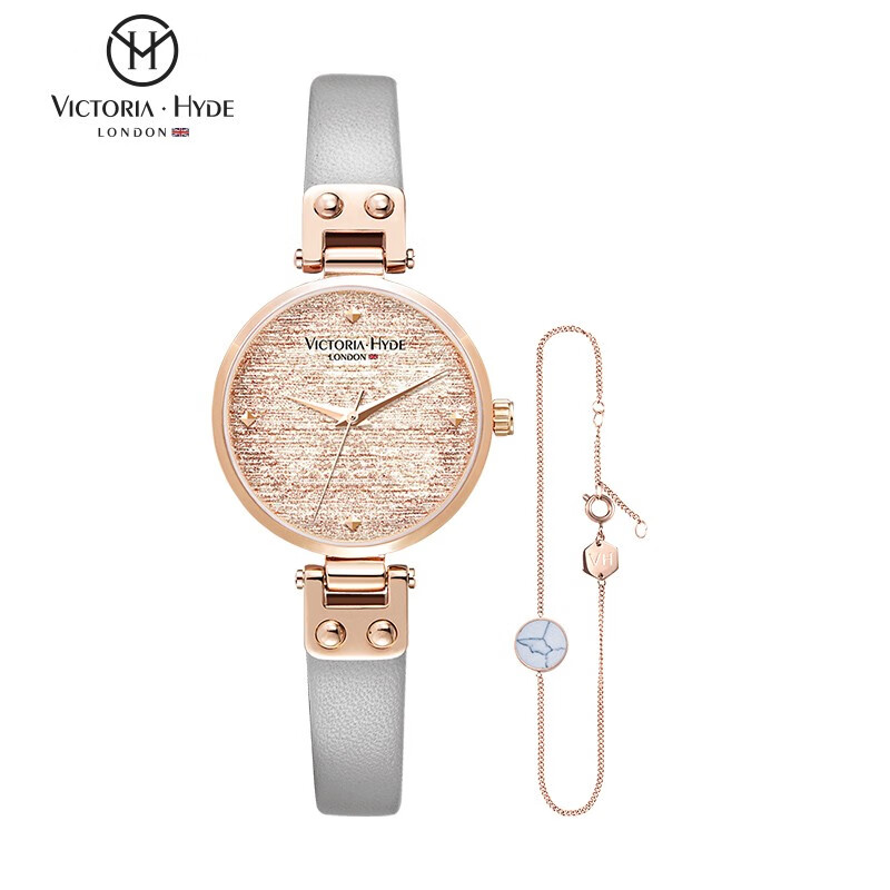 VICTORIA·HYDE火花手表女满天星学生轻奢潮流小众时尚ins礼物女表维多利亚海德 玫瑰金灰色皮带(含手链)