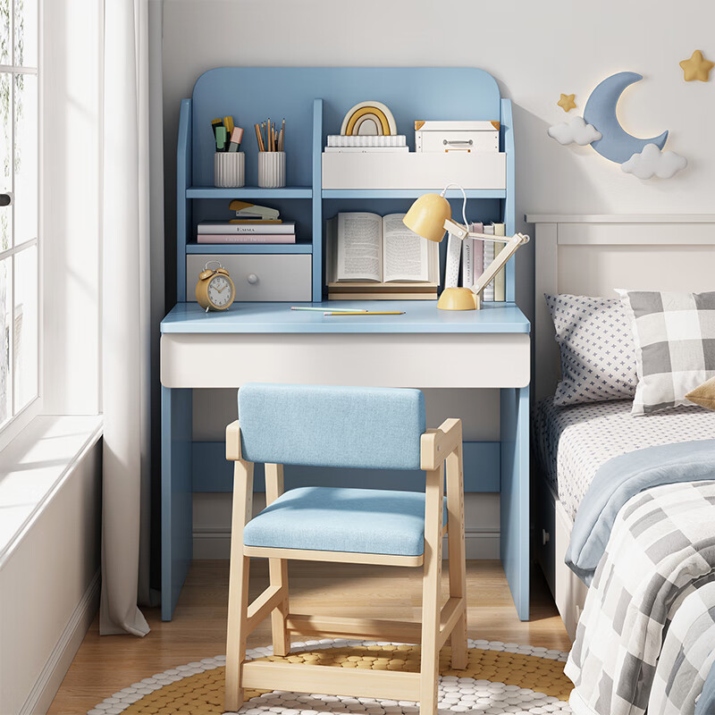 普派（Pupai） 电脑桌家用书桌书架组合书柜一体桌学习桌卧室课桌学生写字桌  【桌椅组合】B款 单抽蓝色80cm