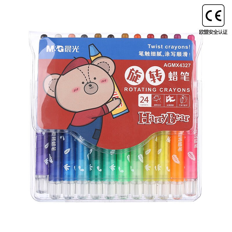 晨光(M&G)文具24色短杆旋转蜡笔 儿童涂鸦绘画油画棒 小熊哈里系列蜡笔套装 24支/盒AGMX4327