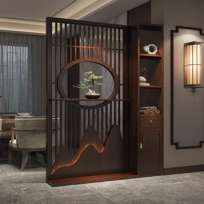 新中式实木屏风简约现代实木镂空置物柜酒柜 宽100*高210*深度24cm