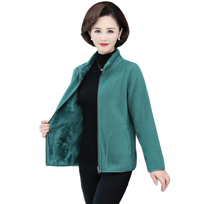 豹迹（BAOJEE）抓绒衣女双面穿加绒加厚妈妈装秋冬摇粒绒中年女装户外保暖外套 深绿色 5XL(150-165斤)